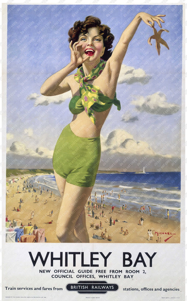 Whitley Bay British Railways Pinup Girl Vintage Art Print Traver Poster Retro Wall Decor England Vintage Travel Poster Beach Lake House 009